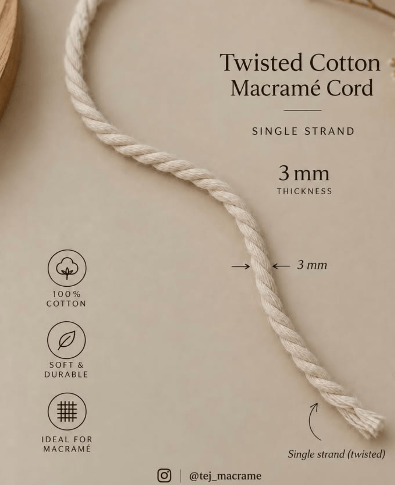 A length of 3 mm twisted cotton macramé cord with its specifications: 100% cotton, soft and durable, ideal for macramé