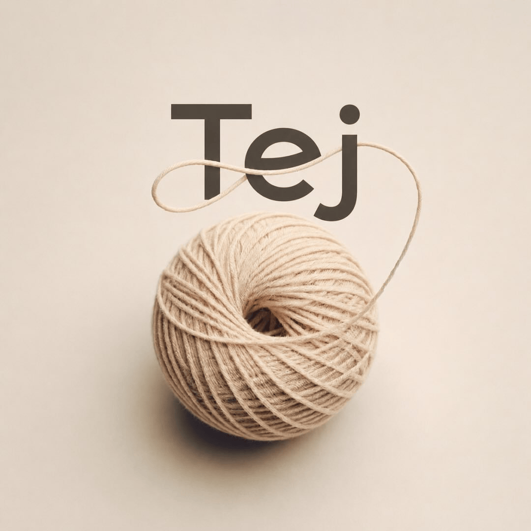 The Tej wordmark with a ball of cotton cord, its loose end looping through the letters